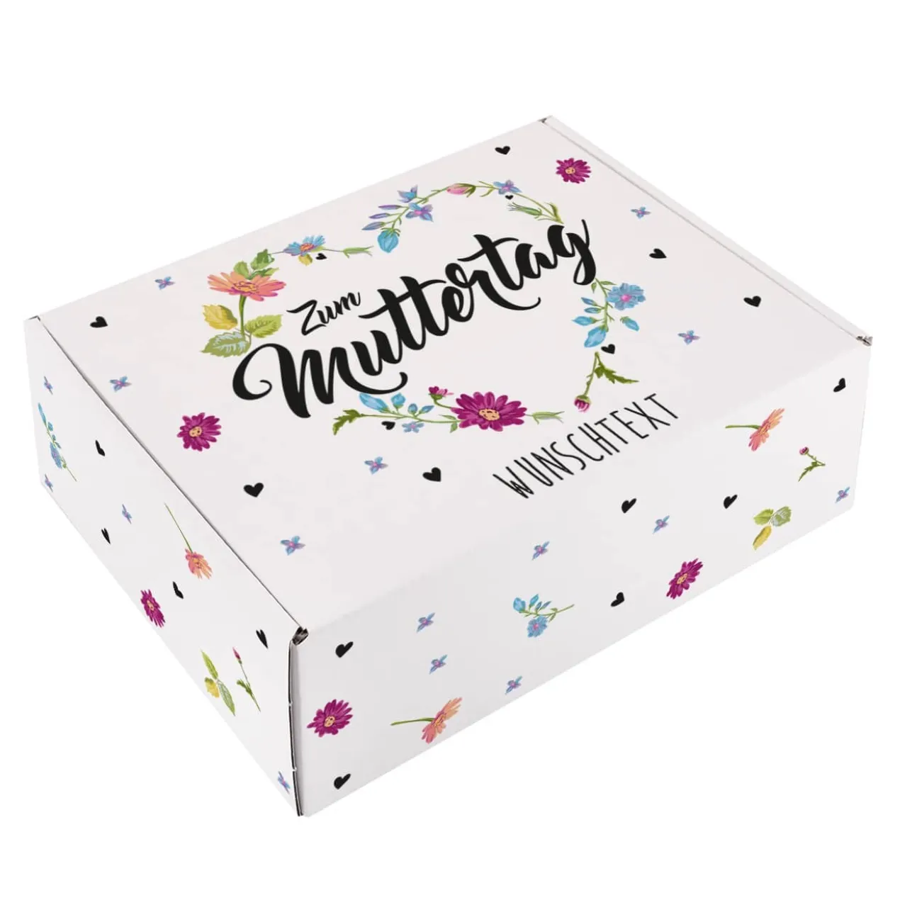 Zum Muttertag - Geschenkverpackung mit Blumenherz Motiv und Wunschtext