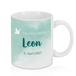 Zur Konfirmation - Tasse mit Name und Datum in türkisblau