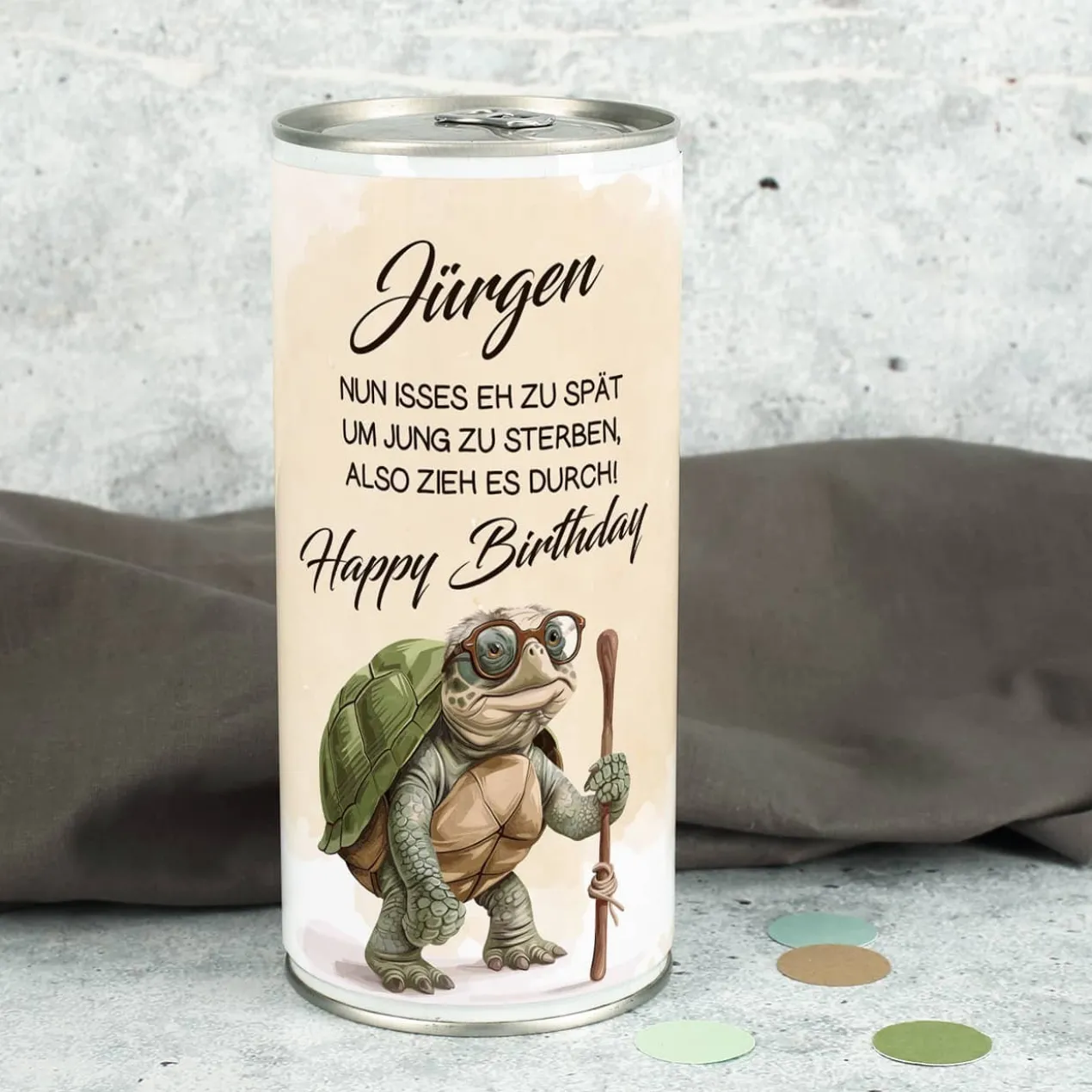 Zu spät um jung zu sterben - 1 Liter Bierdose als lustiges Geburtstagsgeschenk