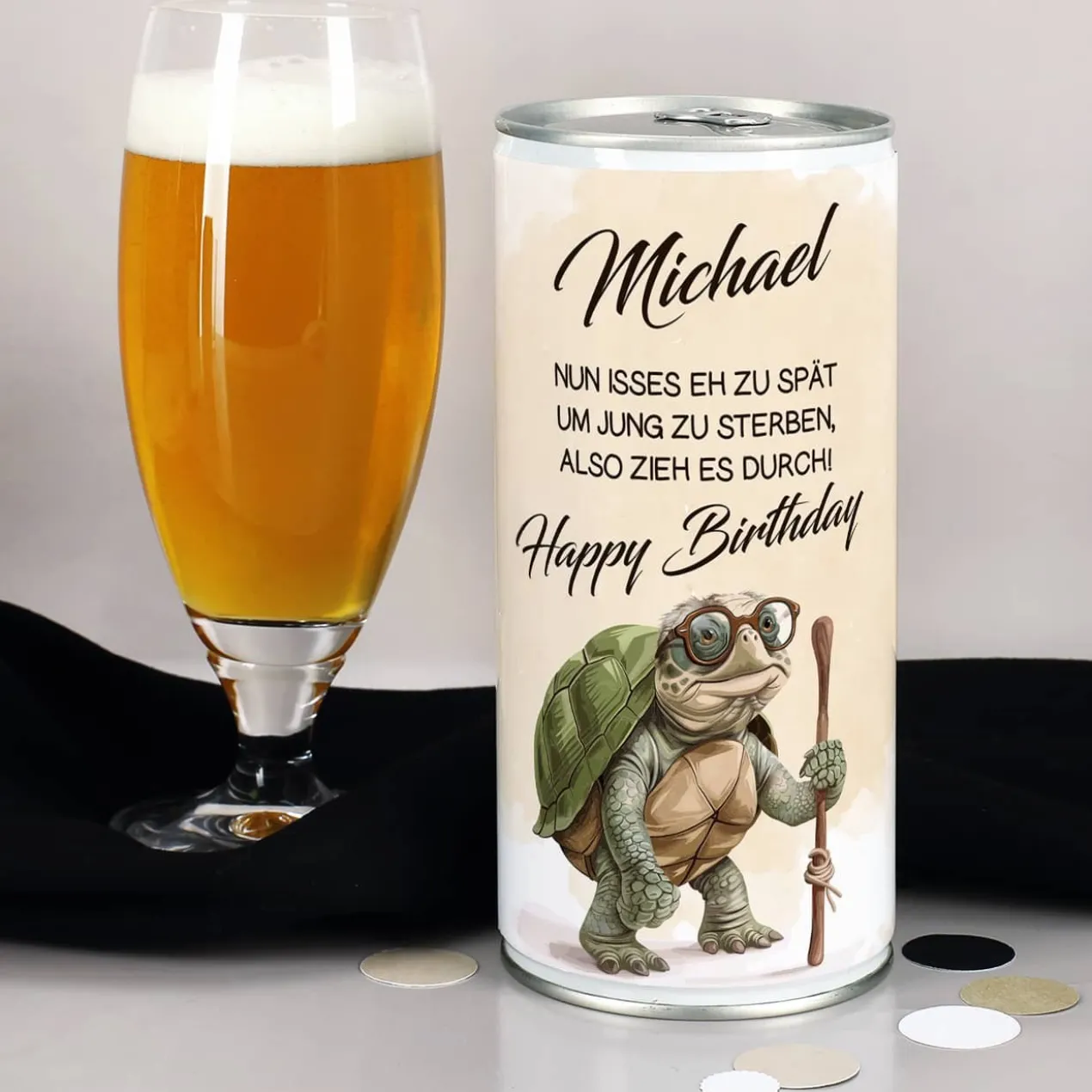 Zu spät um jung zu sterben - 1 Liter Bierdose als lustiges Geburtstagsgeschenk