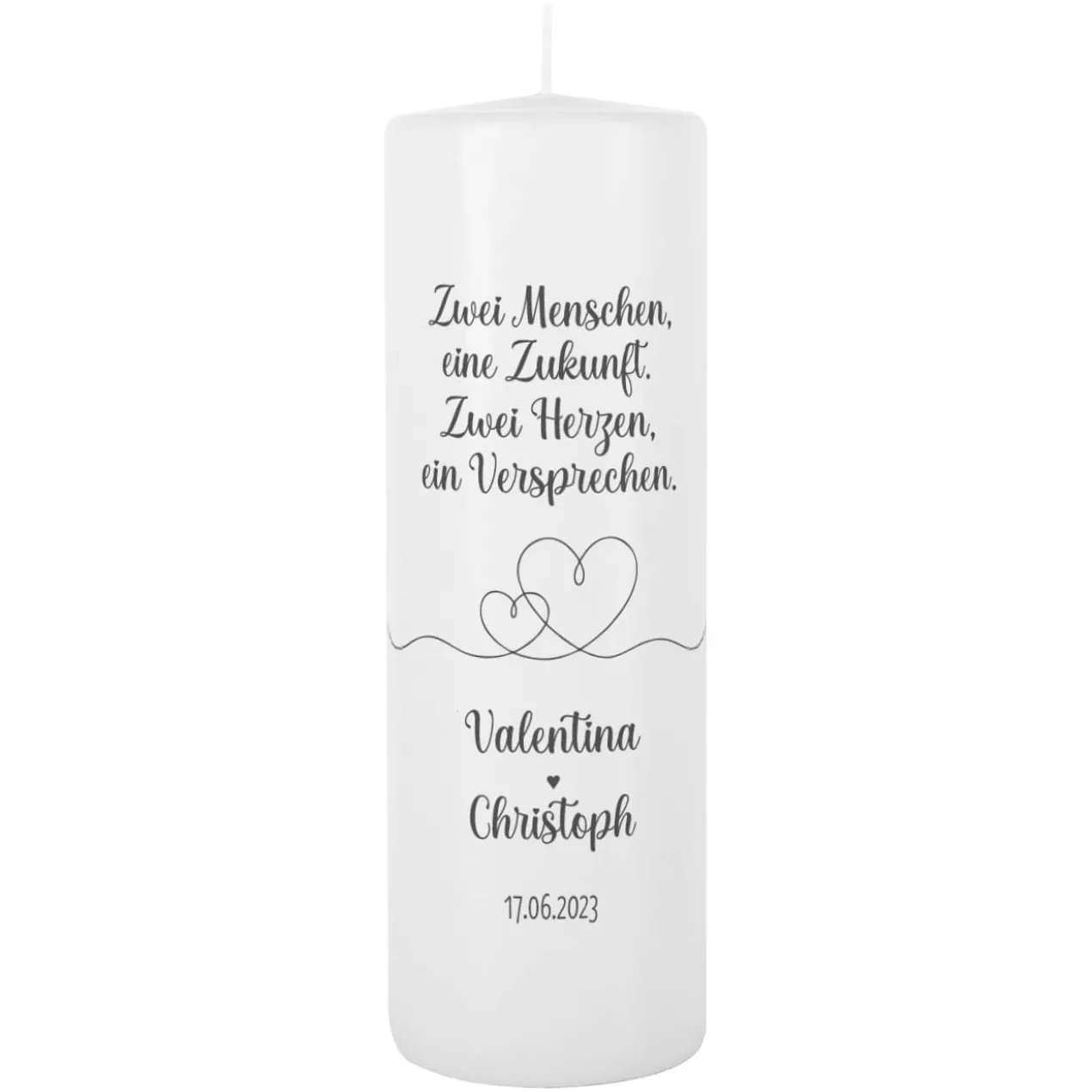 Zwei Herzen, ein Versprechen. - Hochzeitskerze mit Namen und Datum