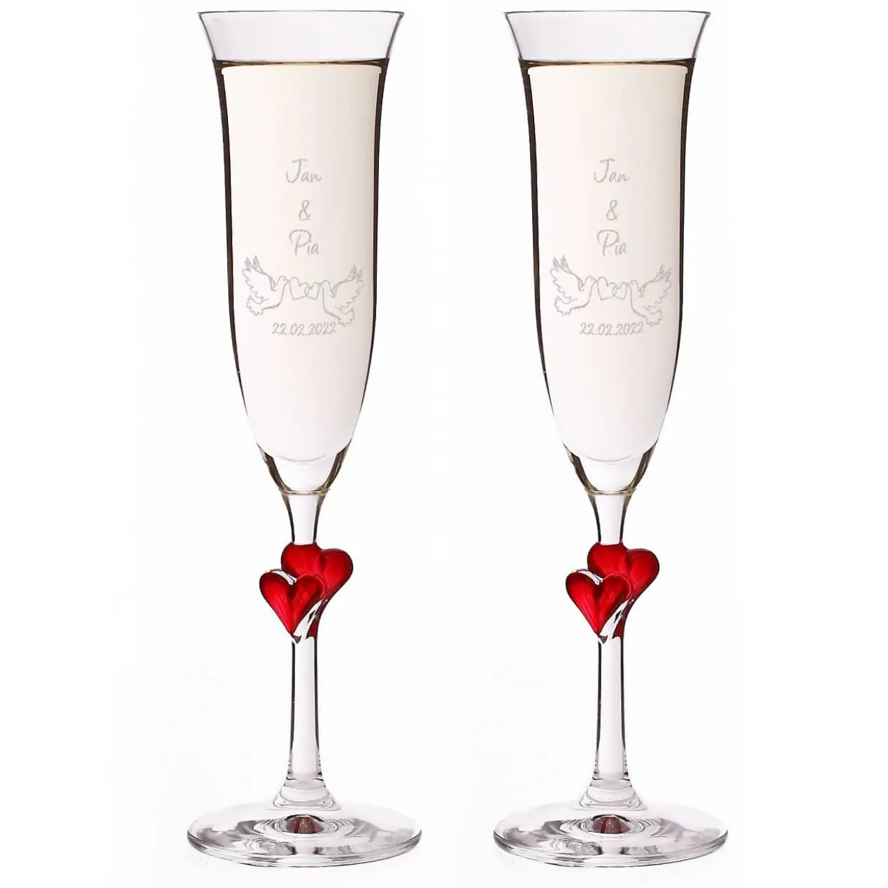 Zwei L'Amour Sektgläser zur Hochzeit mit Tauben und Ihren Wunschdaten graviert