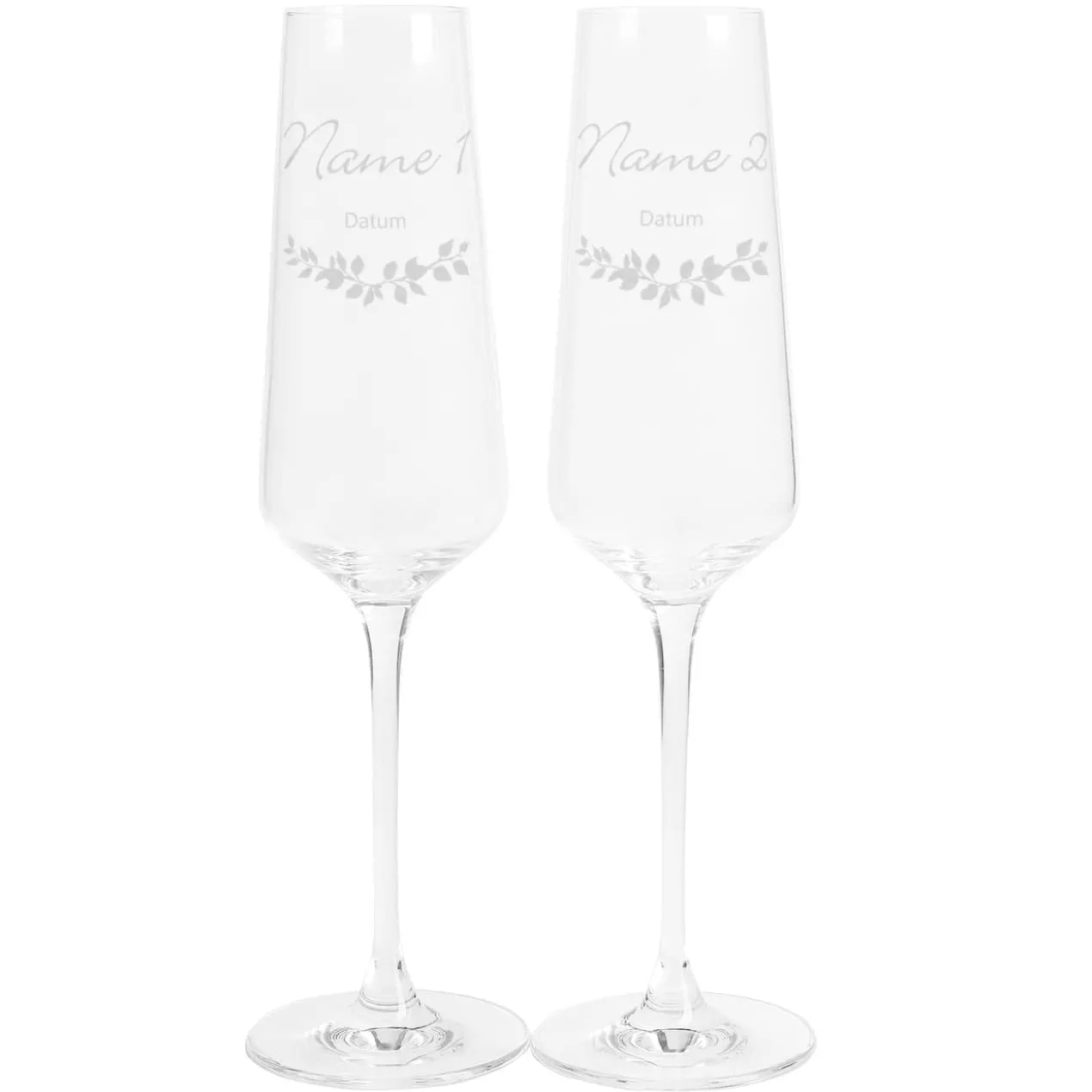 Zwei Sektgläser zur Hochzeit mit Wunschnamen und Datum